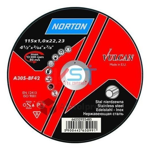 Диск отрезной Norton Vulcan Inox T41 115х22.23х1.0 для нержавеющей стали