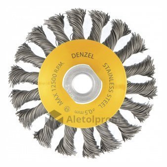 Щетка для УШМ Denzel, 100 мм, Тарелка, крученая нержавеющая проволока 0.5 мм, М14